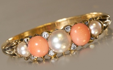ANTIQUE VICTORIAN CORAL PEARL AND DIAMOND 5-STONE RING, High...