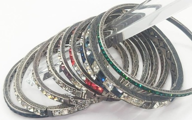 ART DECO STYLE; Nine Silver Rhinestone Bangle Bracelets