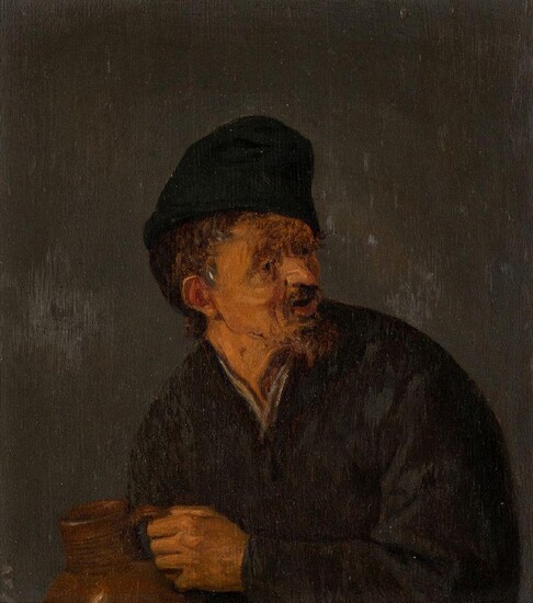 Adriaen Jansz. van Ostade, Dutch 1610-1685- A Peasant man wearing a cap and holding a jug; oil on panel, bears wax seal on the reverse, 18.2 x 15.6 cm. Provenance: [Traditionally] Collection of J. Danser Nijman, Amsterdam, 1797.; [Traditionally]...