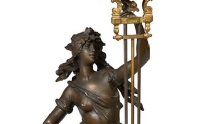 After Auguste Marthurin Moreau (French, 1834-1917), Patinated Bronze Swinging Arm Clock, 20th c.