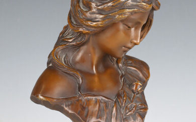 After Emanuel Villanis - a 20th century brown patinated cast bronze bust of a young maiden, bearing