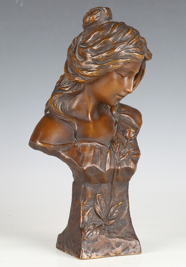 After Emanuel Villanis - a 20th century brown patinated cast bronze bust of a young maiden, bearing