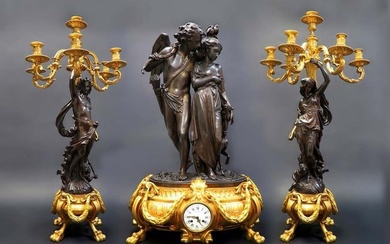 Albert-Ernest Carrier Belleuse, French Napoleon III Gilt & Patinated Bronze 3-Piece