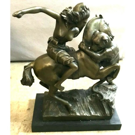 Amazon On Horseback Attacked By Tiger Bronze Sculpture