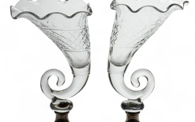 American Glass Cornucopia Form Vases, Weighted Sterling Silver Bases, H 11" W 5.25" L 6" 1 Pair