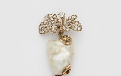 An 18k gold diamond and natural "soufflure" pearl grape pendant.