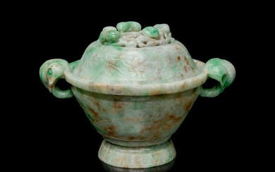 An Apple Green and Pale Celadon Jadeite Covered Bowl