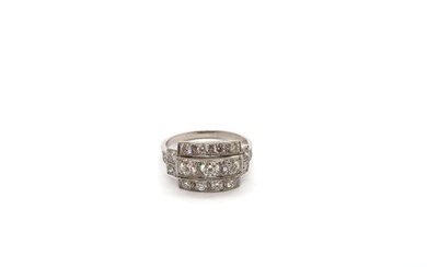 An Art Deco style platinum three row diamond ring with diamo...