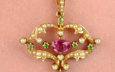 An Edwardian gold, pink tourmaline, demantoid garnet and split pearl pendant.