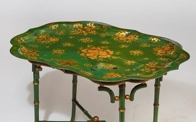 An English green tole tray on later stand