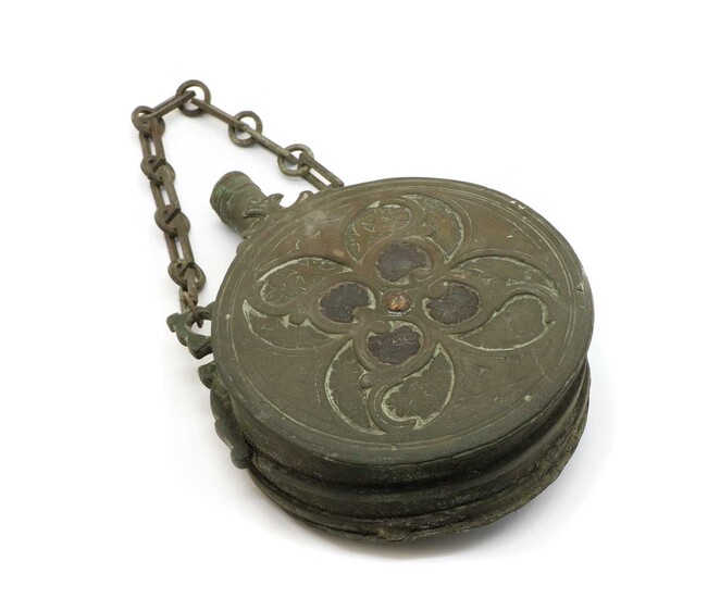 An Ottoman copper and brass gunpowder flask