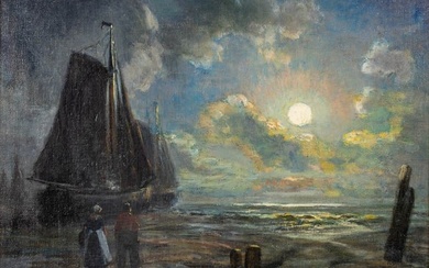 An antique painting 'Night view of the harbor', early 20th C. (W:46 x H:38 cm)