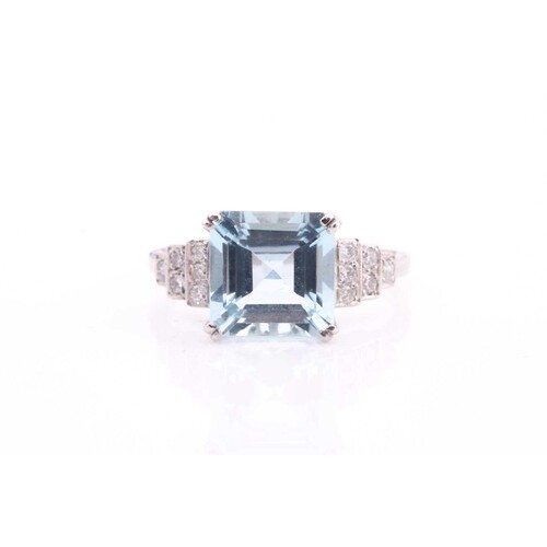 An aquamarine and diamond ring, the square step cut aquamari...