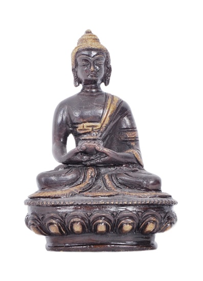 An early 20th century Chinese two tone bronze figurine depicting Buddha. The figure having a blackened ground with gilded crown and details. Modelled in the Lotus position holding pot. Raised on a lotus pedestal base. Measures approx. 11cm tall.