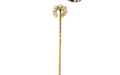 An early 20th century gold split pearl and old-cut diamond stick pin, together with a 19th century 15ct gold ruby and rose-cut diamond 'Halley's comet' brooch.