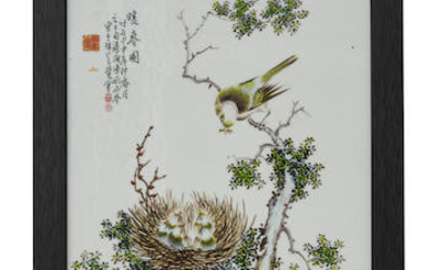 An enamelled 'bird and nest' ceramic plaque