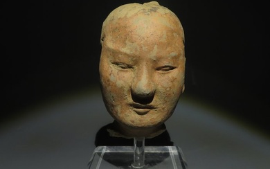 Ancient Chinese Terracotta Head of a Stickman Warrior. Han Dynasty, 206 BC-220 AD. 12 cm height.