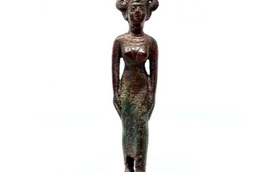 Ancient Egyptian Solid Bronze Figure of Satet Kushite Ex. Gustave Jequier (1868-1946);Ex. Maguid Sameda w/original handwritten COA - 16×2×6 cm
