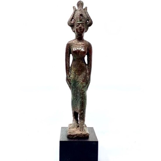 Ancient Egyptian Solid Bronze Figure of Satet Kushite Ex. Gustave Jequier (1868-1946);Ex. Maguid Sameda w/original handwritten COA - 16×2×6 cm