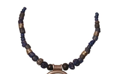 Ancient Roman Roman Lunula silver pendant with silver beads and blue melon beads, BEST OF Necklace