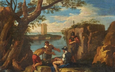 Andrea Locatelli, Italian 1695-1741- A rocky coastal landscape with soldiers gambling, a tower beyond; oil on canvas, bears wax seal on the reverse, 28 x 39.5 cm. Provenance: Anon. sale, Phillips, London, 6 Dec. 1988, lot 6.; Private Collection...