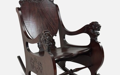 Antique 19thC English Carved Wood Flame Mahogany Lion Head Open Arm Rocking Chair