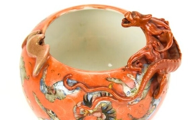 Antique Chinese Hand Painted Brush Pot w Dragon