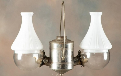 Antique hanging Angle Lamp with font, still in oil, 19"