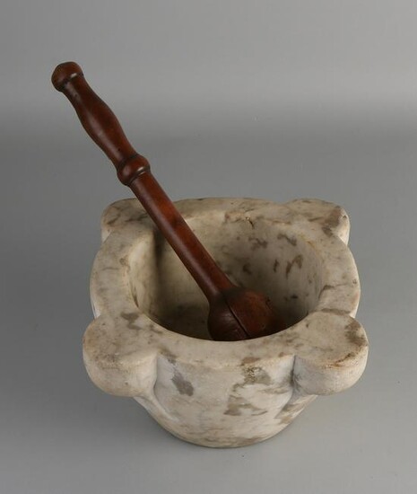 Antique marble pharmacy mortar with walnut pestle. 19th