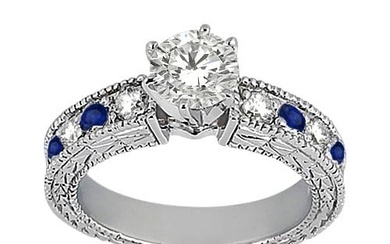 Antique style Diamond and Blue Sapphire Engagement Ring 14k White Gold 1.75ctw