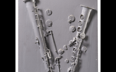 Arman ( Nizza 1928 - New York 2005 ) , "Untitled" 1998 saxophone on canvas and acrylic paint applied on wood cm 71.5x51 Signed on the folded canvas This work...