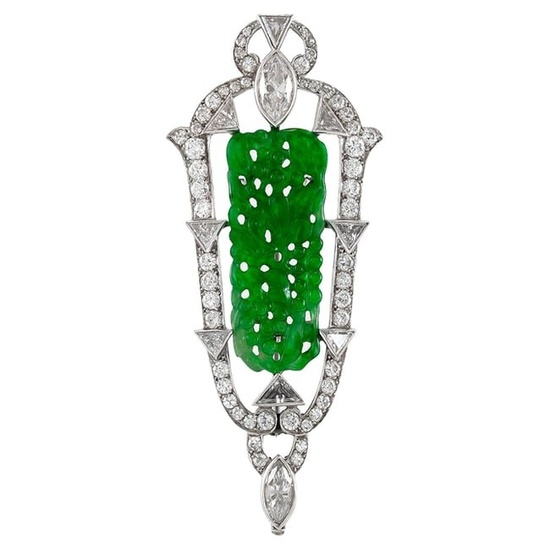 Art Deco 1920s Jade Brooch Pendant with Diamonds