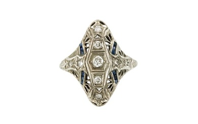 Art Deco Filigree Diamonds and Synthetic Sapphire Ring