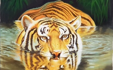 Artist Unknown "Crouching Tiger" acrylic on canvas, 120 x 100cm, unsigned