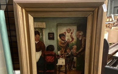 Artist Unknown - Family Scene (Naive Style), oil on canvas (Winsor & Newton canvas), 41 x 33 cm unsigned