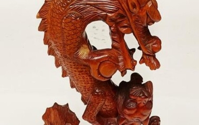 Asian Carved Wood Dragon and Lion Sculpture