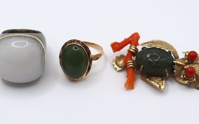 Assorted Gold, Jade, and Coral Jewelry Grouping.