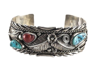 Atkinson Trading Co. Sterling Silver Navajo Cuff Bracelet Coral turquoise c1950