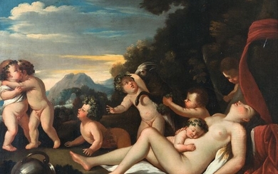 Attributed to Karel Philips Spierincks (c. 1600 - Rome 1639) - Bacchanal with putti, goat and sleeping Venus