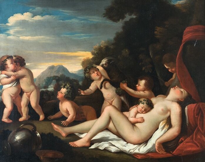 Attributed to Karel Philips Spierincks (c. 1600 - Rome 1639) - Bacchanal with putti, goat and sleeping Venus