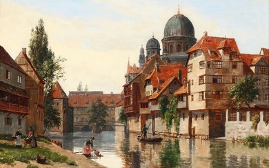 August Fischer: The synagogue in Nuremberg seen from Schütt Island. Signed Aug. Fischer. Oil on canvas. 37×53.