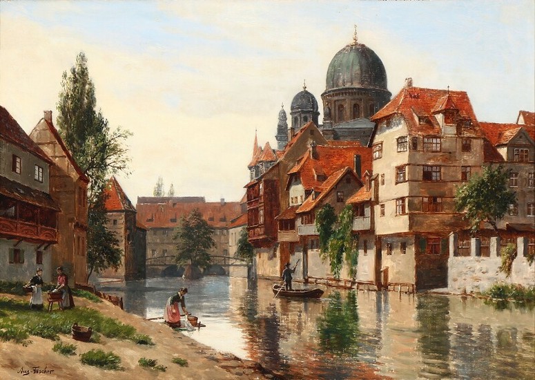August Fischer: The synagogue in Nuremberg seen from Schütt Island. Signed Aug. Fischer. Oil on canvas. 37×53.