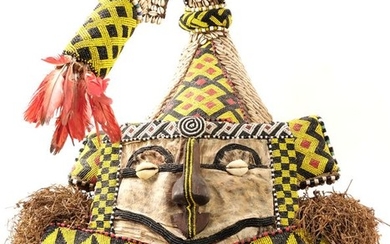 Authentic Mukenga Helmet Mask - wood, raffia, cloth, feathers, cauri shells beads, leather etc. - Kuba - D.R.C.