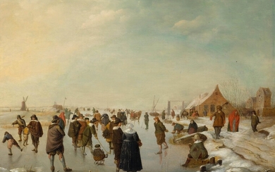 BARENT AVERCAMP(1612 Kampen 1679)Paysage d'hiver avec patineurs sur glace. Huile sur bois. En bas à...