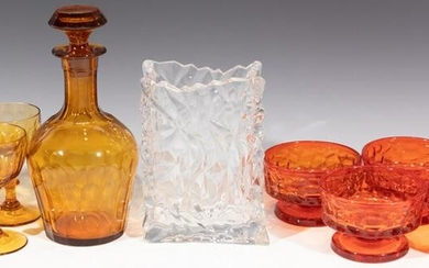 BLOWN GLASS DECANTER, GLASSES, BOWLS AND VASE