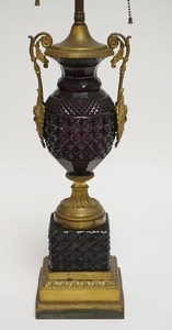 BRONZE AND CUT AMETHYST GLASS LAMP