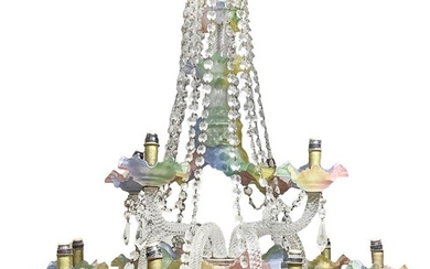 Baccarat crystal chandelier, transparent crystal torcion arms, colored glass saucers and rosette toasts, 12 lights