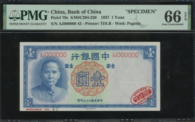 Bank of China, 1 yuan, archival specimen, 1937, serial number AJ000000, (Pick 79s)