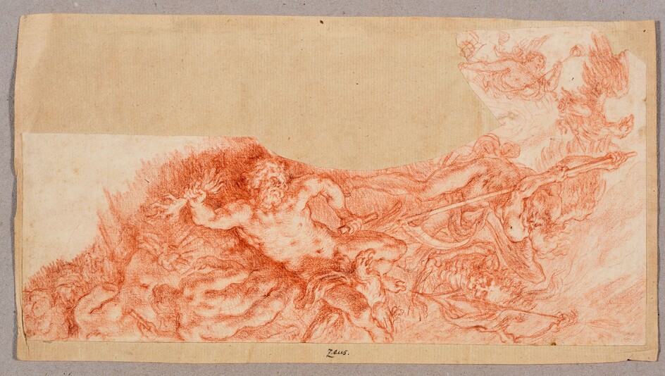 Battle between Jupiter and Pluto. 18th c Drawing, red chalk, 31,4 x 16 cm, laid...