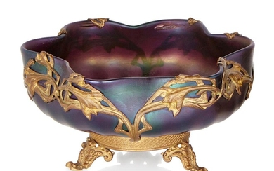 Bohemian, probably Kralik, Mount possibly by Lucien Marcel Bing (1875-1920), Bowl with stand, circa 1900, Iridescent glass, gilt metal, Unsigned, 14.5cm diameter, 7.5cm high